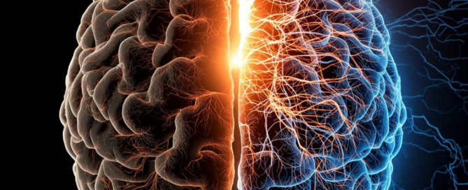 Split image of a brain showing dim neural pathways on one side and bright new pathways on the other, symbolizing belief transformation.
