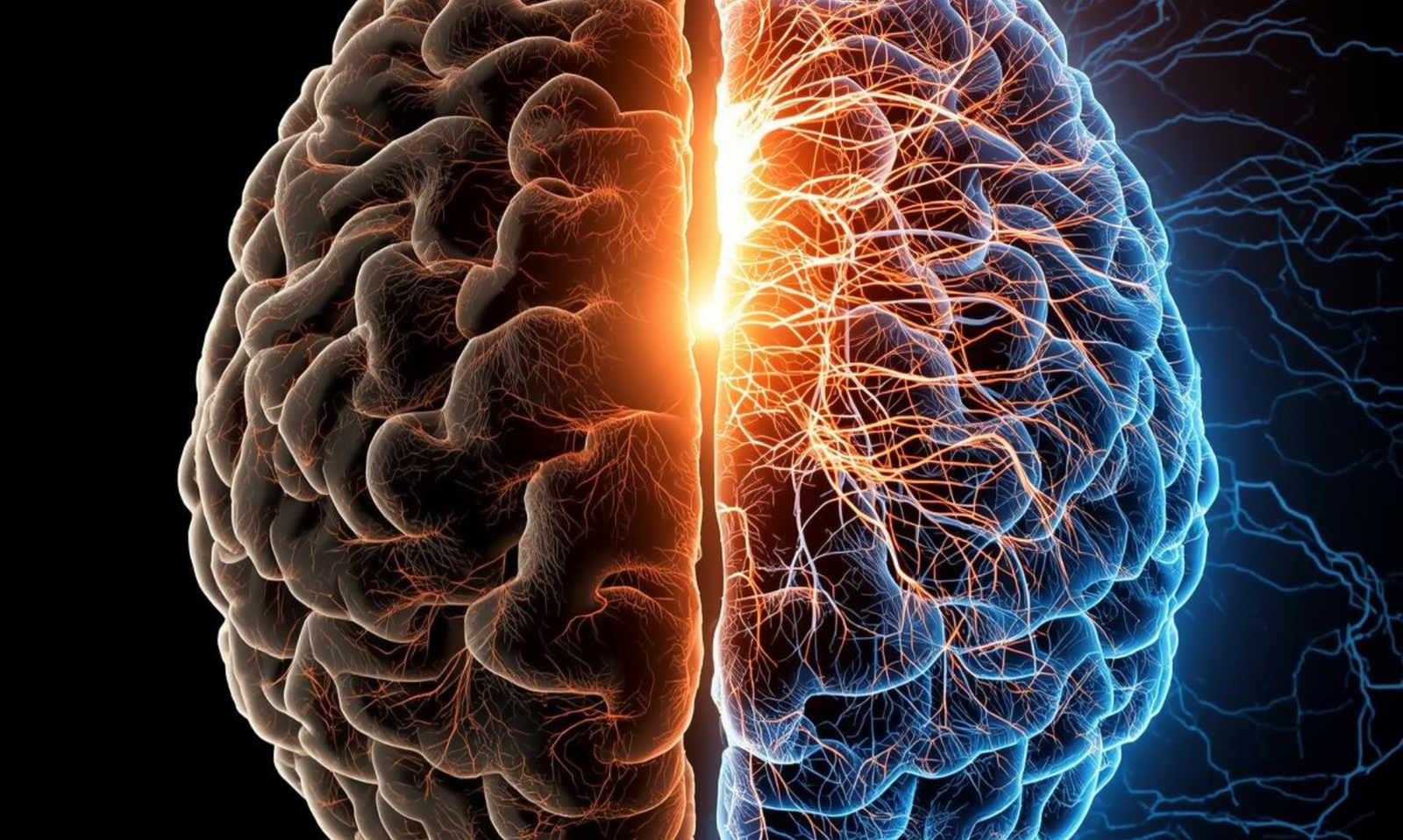 Split image of a brain showing dim neural pathways on one side and bright new pathways on the other, symbolizing belief transformation.