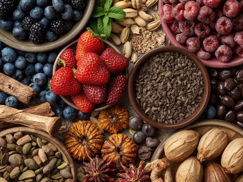 Colorful assortment of berries, cacao, green tea, and adaptogenic herbs supporting mitochondrial health.