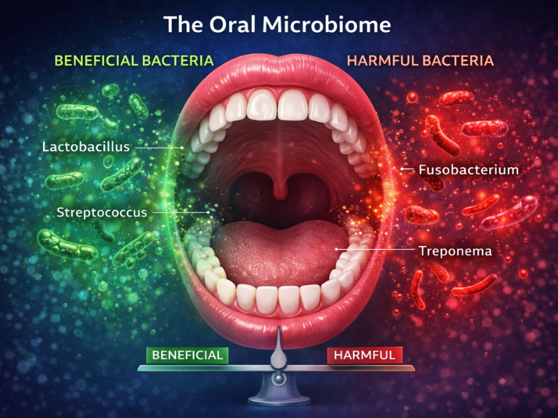 Infographic showing the oral cavity with beneficial bacteria in green and harmful bacteria in red, illustrating oral microbiome balance