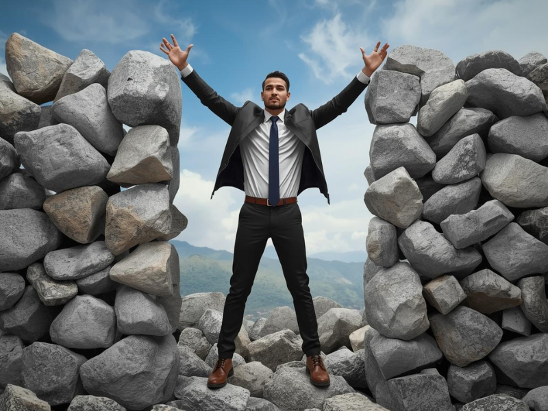 Person breaking through a symbolic barrier and standing confidently, representing overcoming limiting beliefs.