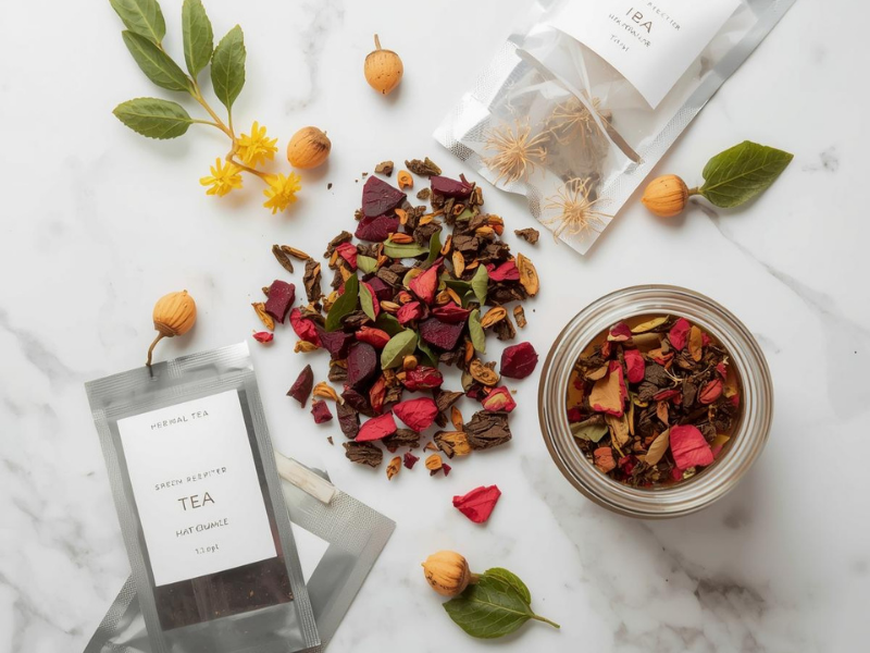 Tea sachets or glass jar filled with dried herbal blend containing hibiscus, green tea, beetroot pieces, hawthorn berries, and dandelion leaves on white marble surface