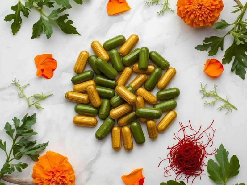 Green and gold capsules with leafy greens, marigold petals, and saffron on marble