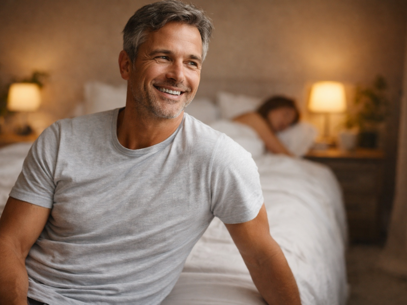 Smiling middle-aged man sitting on bed looking relaxed and energized
