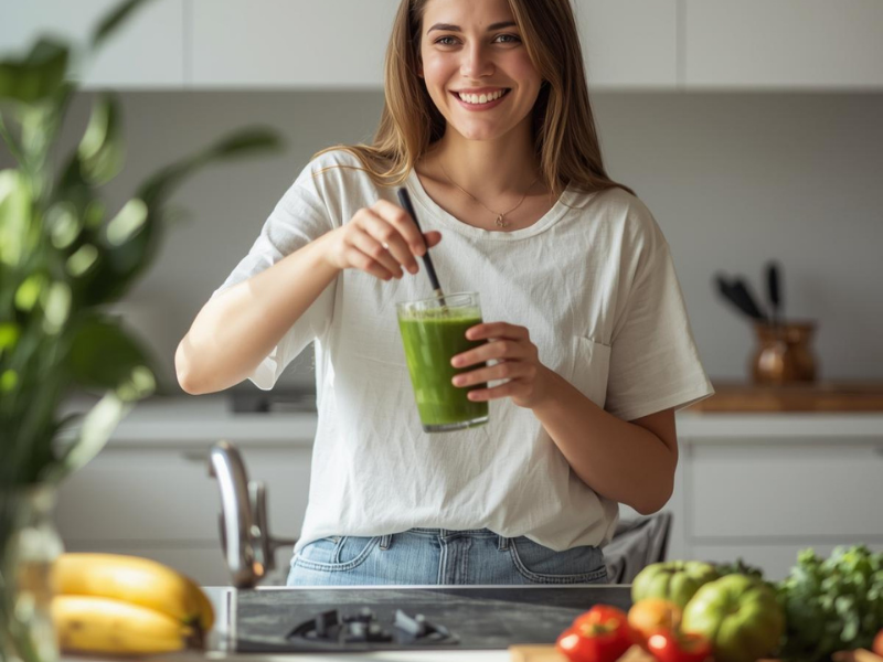 Lifestyle photo of a smiling person preparing a green smoothie in a bright kitchen with fresh fruits and vegetables on the countertop