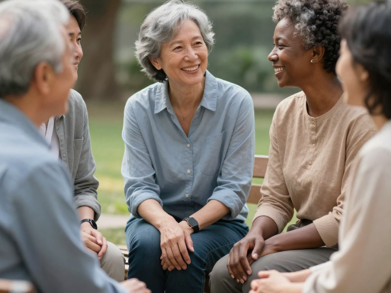 Diverse group of adults enjoying outdoor conversation demonstrating social benefits of healthy hearing
