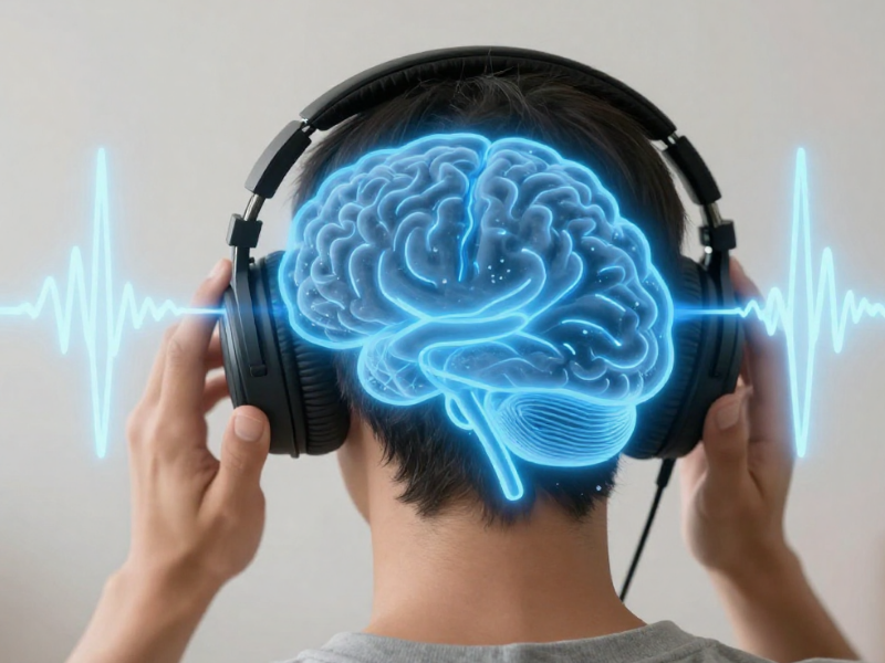 Person wearing headphones during sound therapy session with visible gamma wave patterns overlay