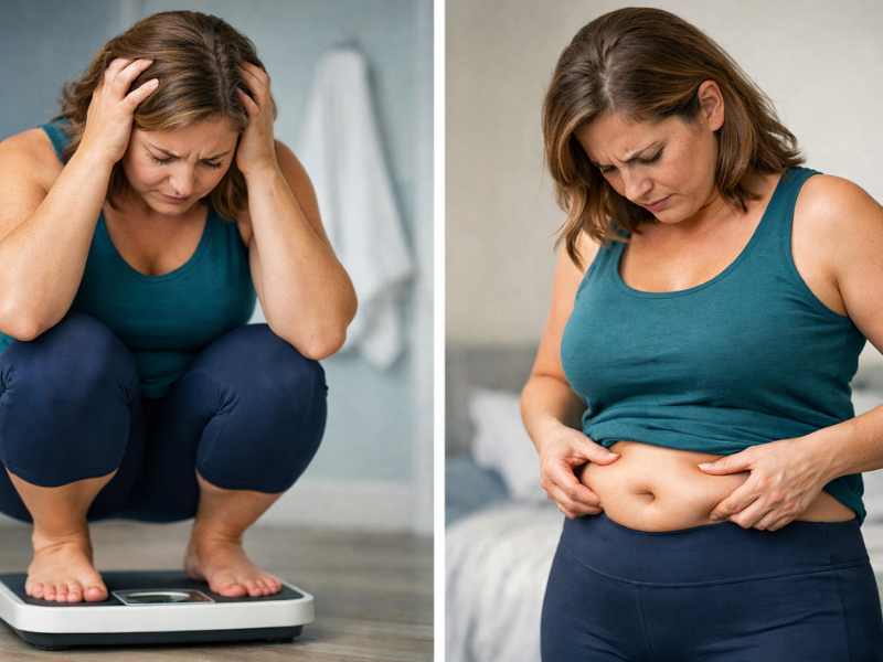 Person frustrated about belly fat despite dieting and exercising
