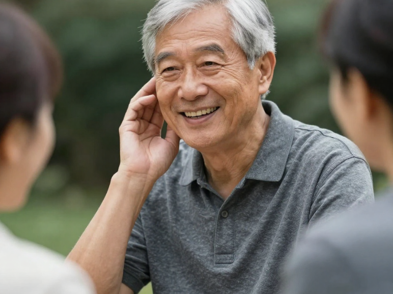 Senior adult smiling during outdoor conversation showing quality of life benefits of natural hearing support