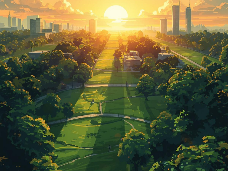 Sunrise illuminating a landscape blending nature and architectural structures, symbolizing infinite possibilities.