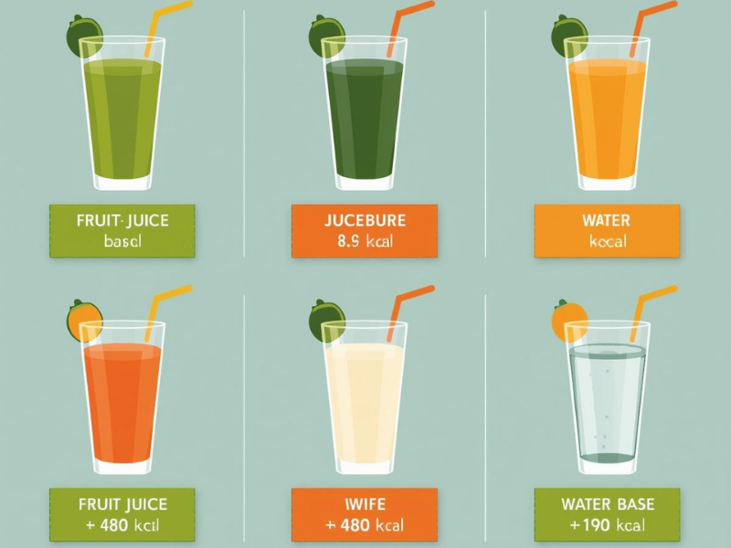 Infographic comparing calorie content of six common smoothies, showing fruit juice base versus water base calorie differences