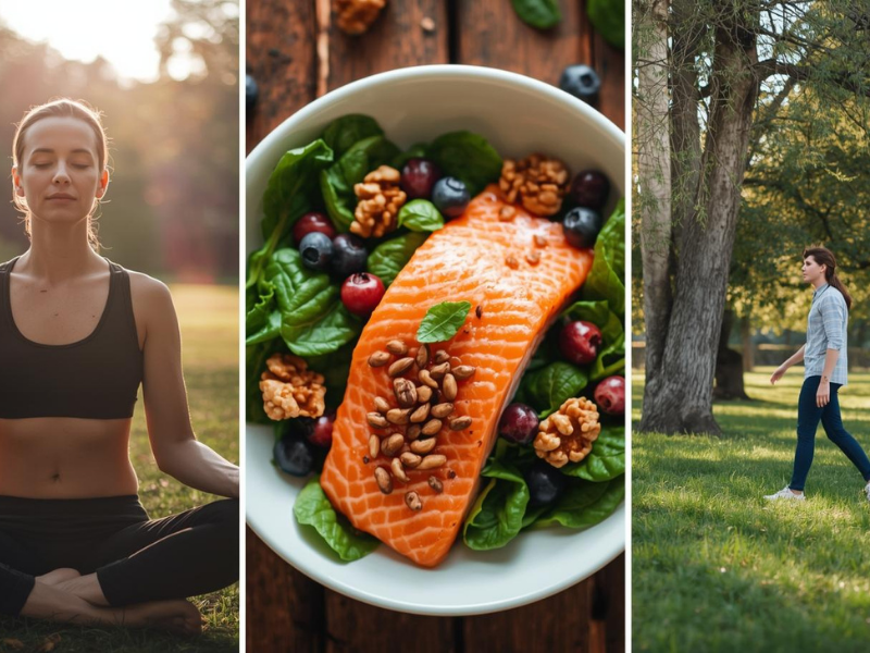 Split image showing three focus-enhancing habits: a person meditating outdoors in soft morning light, a colorful whole-food meal with salmon, leafy greens, walnuts, and berries, and a person walking in a green park, conveying natural and uplifting focus.