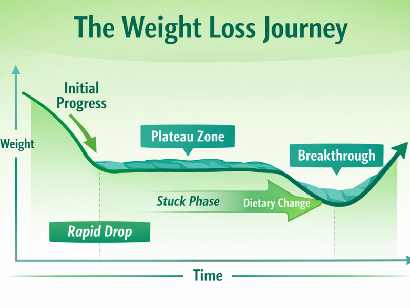 Infographic showing a typical weight loss curve with an initial rapid decline, a plateau phase, and renewed progress after a dietary change, labeled Initial Progress, Plateau Zone, and Breakthrough