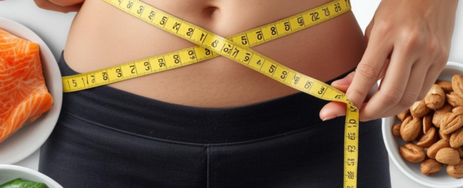 Person measuring waist with a tape measure surrounded by eggs, salmon, vegetables, nuts, and berries.