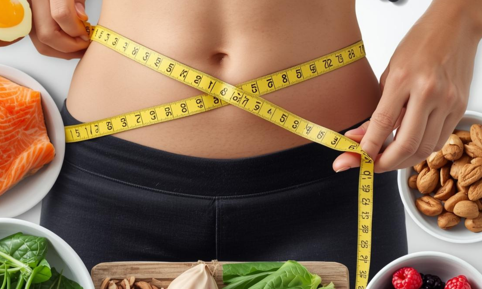 Person measuring waist with a tape measure surrounded by eggs, salmon, vegetables, nuts, and berries.