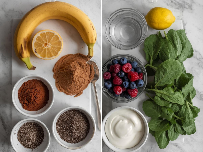 Flatlay photo showing two smoothie ingredient sets side by side, one associated with weight gain and one with weight loss, including fruit juice versus water, sweetened versus plain ingredients