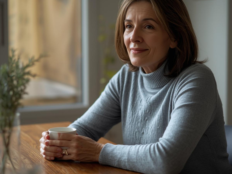 Middle-aged person sitting at a wooden table holding a warm cup of herbal tea in soft morning light