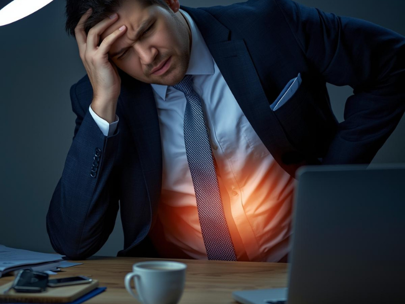 Tired professional at desk late at night with overlay illustrating abdominal fat area