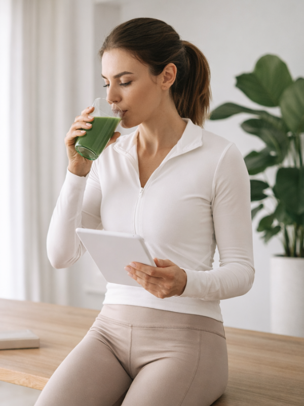 Athletic individual enjoying a healthy drink while reading on a tablet in a bright, modern, nature-inspired setting.