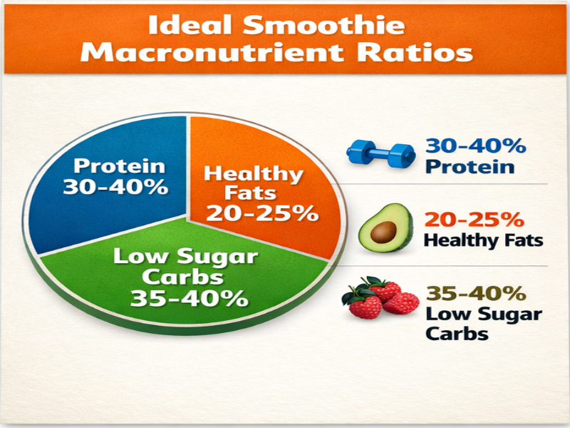 Infographic showing the ideal macronutrient ratios in fat burning smoothies including protein, healthy fats and low sugar carbohydrates