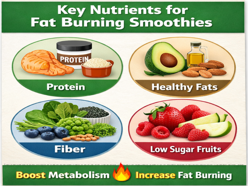 Infographic showing key nutrients for fat burning smoothies including protein, healthy fats, fiber and low sugar fruits to boost metabolism