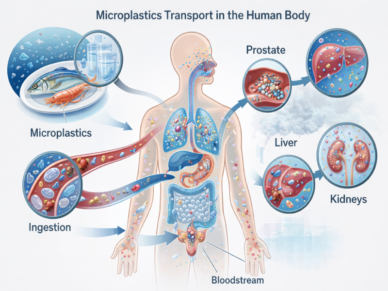 Medical diagram showing microplastics moving from the digestive system into the bloodstream and reaching organs such as the prostate, liver, and kidneys.