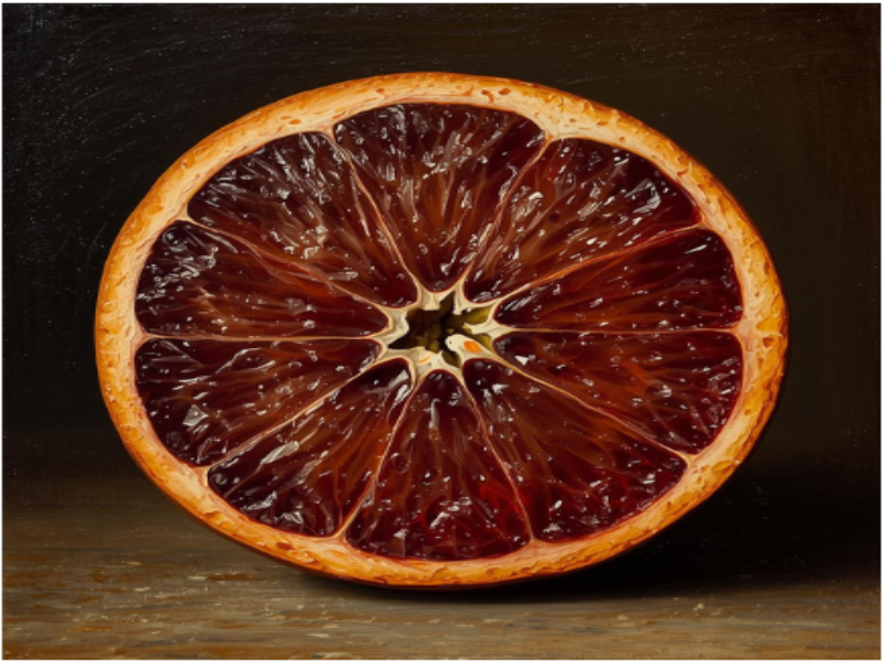 Close-up of a Moroccan Moro orange revealing its dark red, C3G-rich flesh