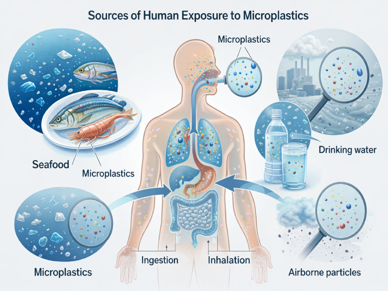 Illustration showing how microplastics enter the human body through food, drinking water, and air.
